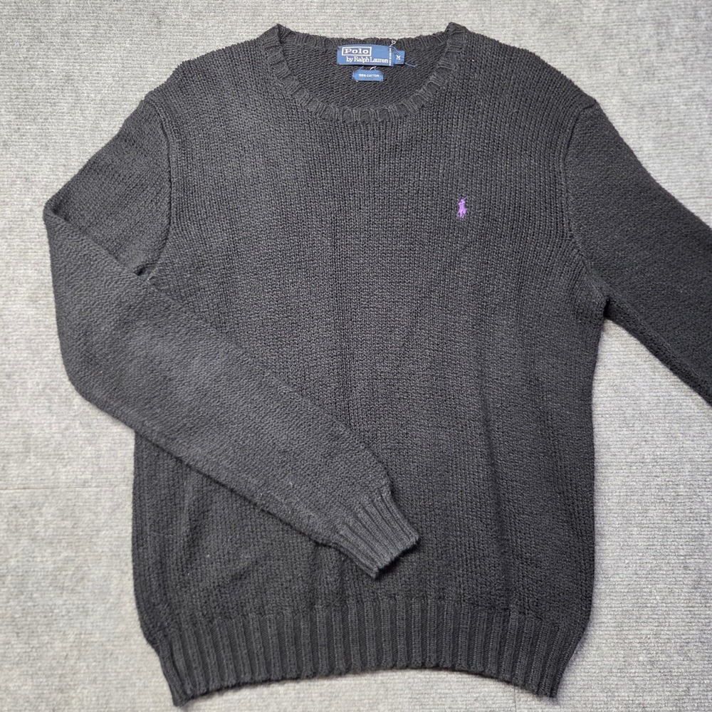 Polo Ralph Lauren Mens Black Cotton Knit Crewneck Sweater Purple Pony Size M